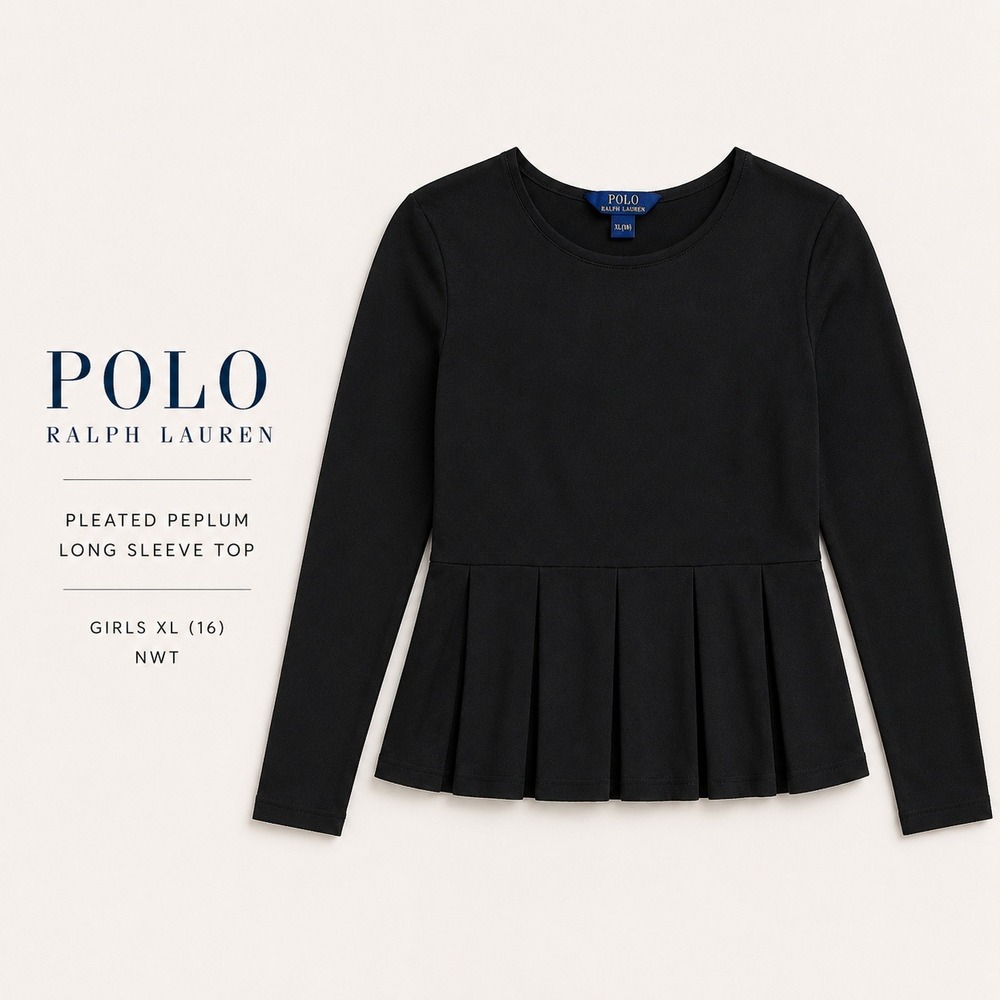 Polo Ralph Lauren Pleated Peplum Long Sleeve Top Black NWT Girls XL16 Minimalist